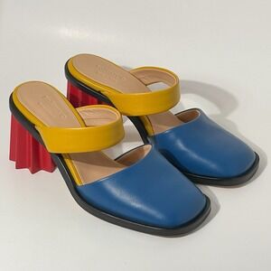 Mlouye Architectural Pleated Heel Mules Sz 37 Blue Yellow Red Leather Italy